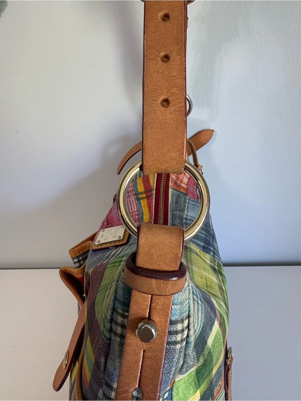 RARE Vtg Dooney & Bourke Picnic with Ants Madras Plaid Hobo Bag | Y2K Boho Chic - Picture 13 of 14